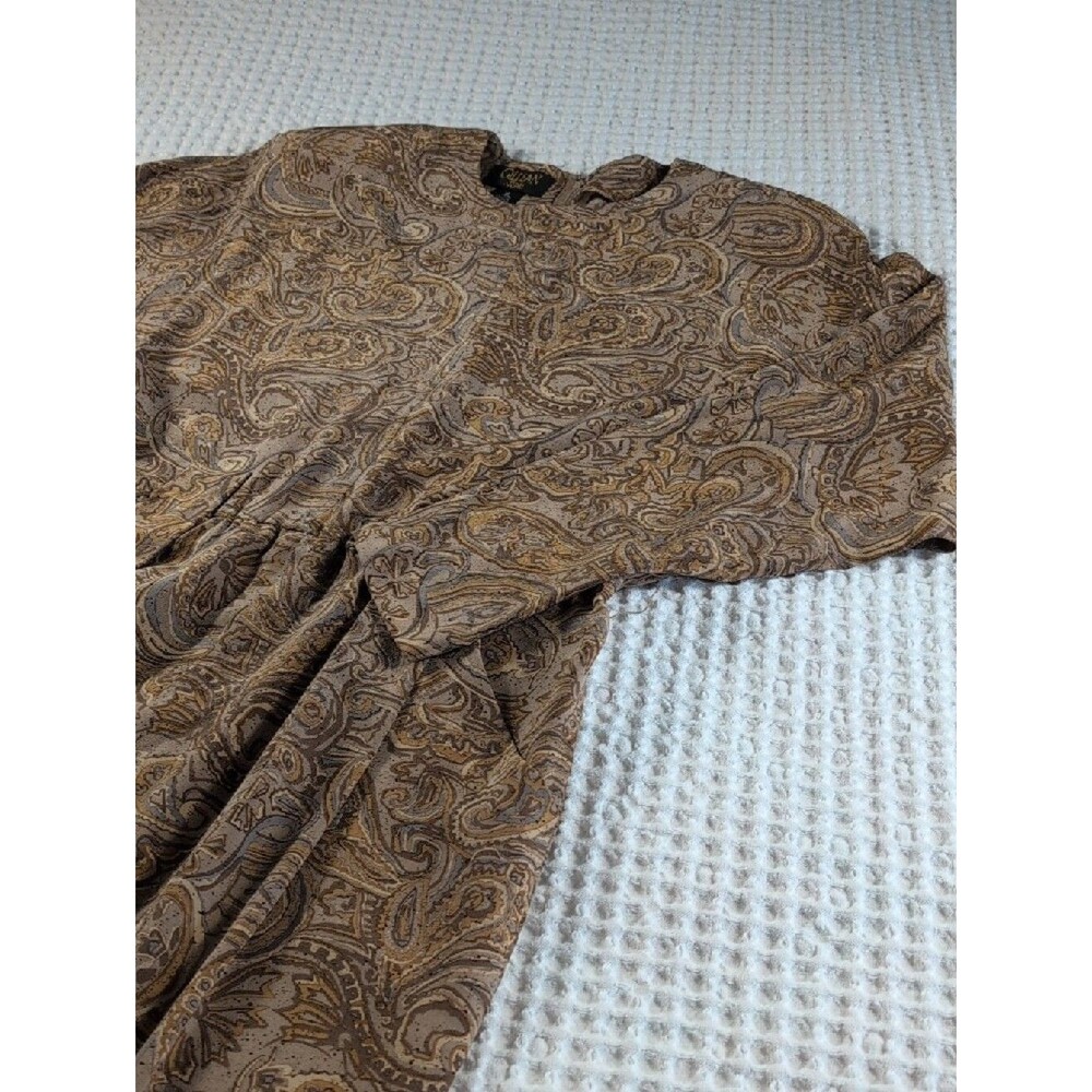 Gillian 100% Silk Vintage Brown Paisley Long-Sleeve Midi Dress Size 14